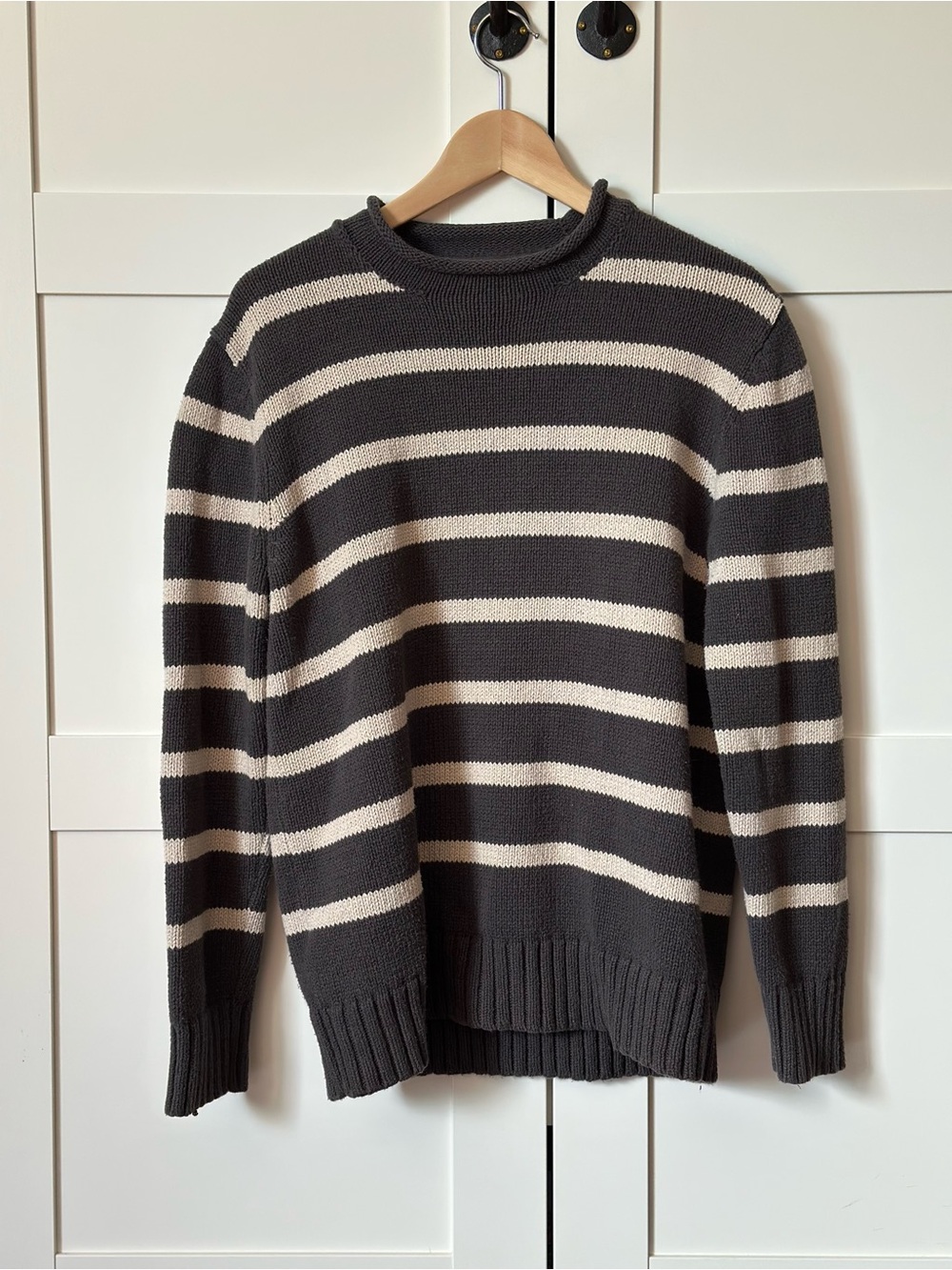 Eddie Bauer Black and Cream Striped Roll Neck Sweater